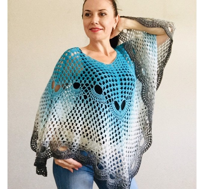  Crochet poncho for women, cotton dress top, hand knit blue wrap, women's vegan poncho gifts for wife, cotton summer poncho Navy blue Rainbov  Poncho  2