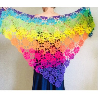 Crochet shawl wraps, Rainbow triangle granny shawl, Handknit multicolor festival pashmina, Lace wool evening shawl fringe mohair