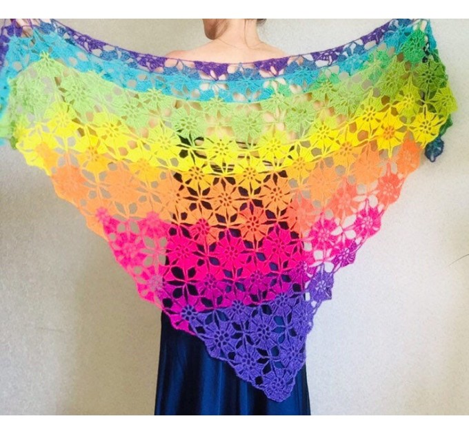 Crochet shawl wraps, Rainbow triangle granny shawl, Handknit multicolor festival pashmina, Lace wool evening shawl fringe mohair