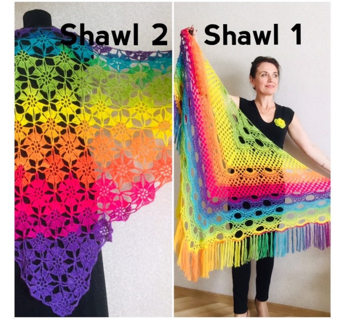  Crochet shawl wraps, Rainbow triangle granny shawl, Handknit multicolor festival pashmina, Lace wool evening shawl fringe mohair  Shawl / Wraps  10