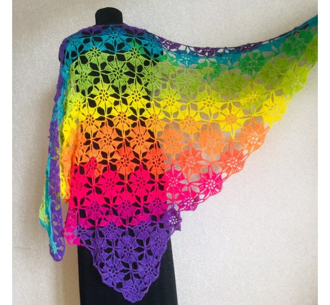  Crochet shawl wraps, Rainbow triangle granny shawl, Handknit multicolor festival pashmina, Lace wool evening shawl fringe mohair  Shawl / Wraps  5