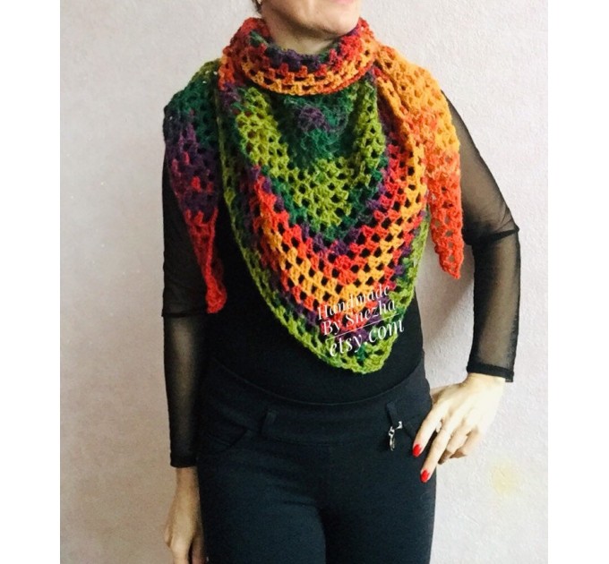  Crochet shawl triangle knit scarf women Burnt Orange Granny square mohair scarf Chunky birthday gift daughter Gift-For-Her Rainbow   Mohair / Alpaca  