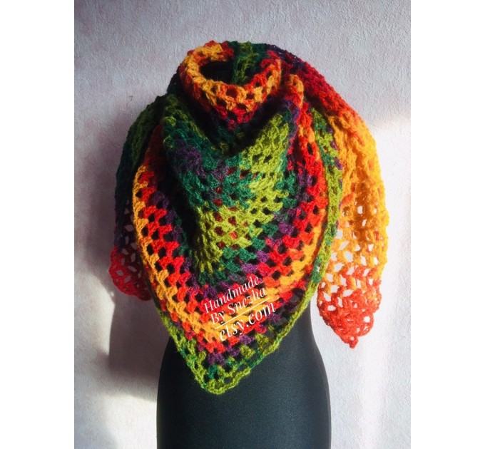  Crochet shawl triangle knit scarf women Burnt Orange Granny square mohair scarf Chunky birthday gift daughter Gift-For-Her Rainbow   Mohair / Alpaca  3