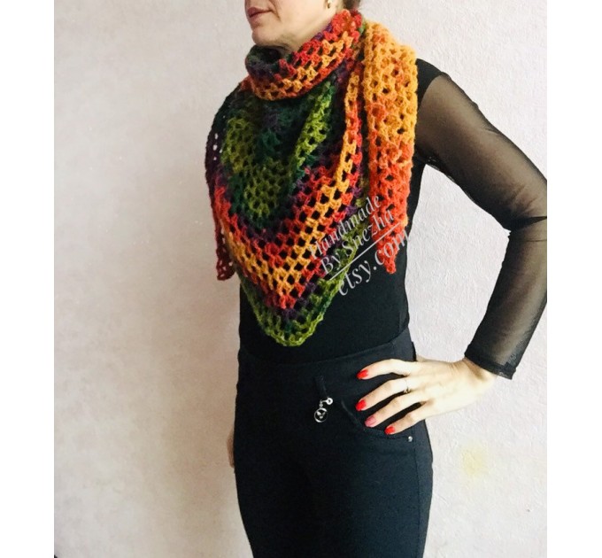  Crochet shawl triangle knit scarf women Burnt Orange Granny square mohair scarf Chunky birthday gift daughter Gift-For-Her Rainbow   Mohair / Alpaca  7