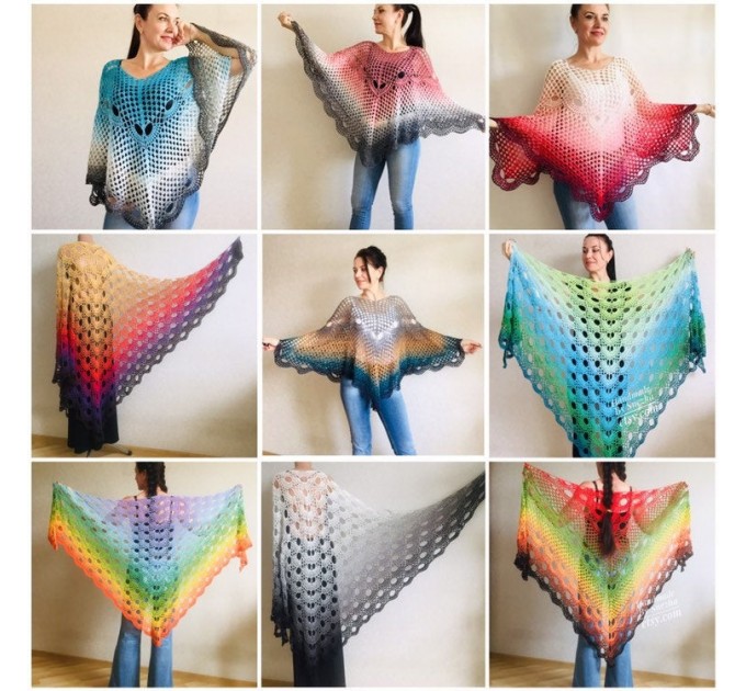  Poncho Women Crochet Shawl Big Size Boho Vintage Rainbow Cotton Knit Cape Hippie Gift for Her Bohemian Vibrant Colors Boat Neck  Poncho  