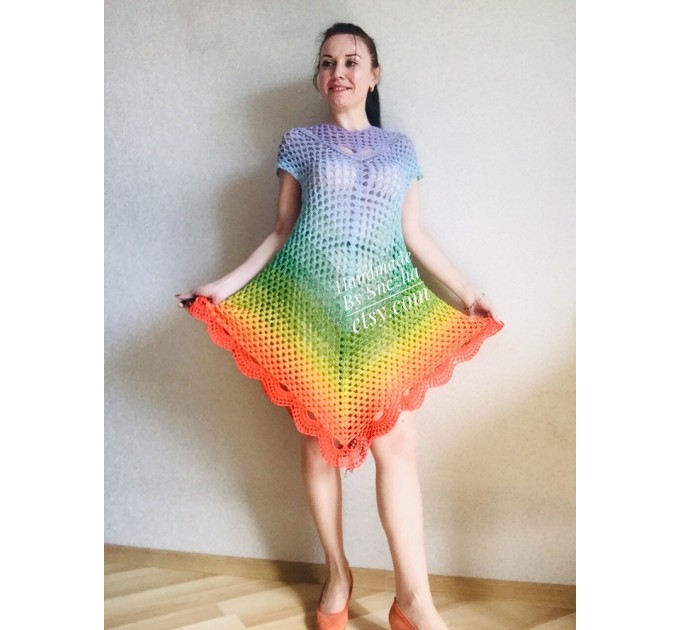  Poncho Women Crochet Shawl Big Size Boho Vintage Rainbow Cotton Knit Cape Hippie Gift for Her Bohemian Vibrant Colors Boat Neck  Poncho  8