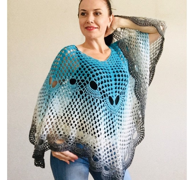 Navy blue crochet poncho for women, cotton dress top, hand knit blue wrap, women's vegan poncho,  gifts for wife, cotton summer poncho