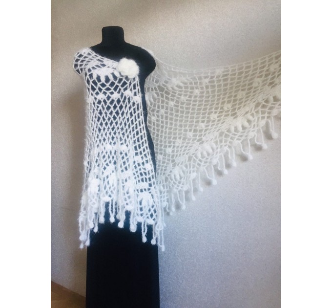  Ivory lace outlander crochet Shawl Wraps Fringe, Hand Knit faux fur festival pashmina Mother of groom gift Bridesmaid wedding triangle shawl  Shawl / Wraps  5