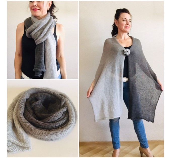  Black Knitted long striped winter scarf Men, scarf women, Mohair Lace Gradient shawl wraps mohair, Floral light oversized scarf Gray   Mohair / Alpaca  