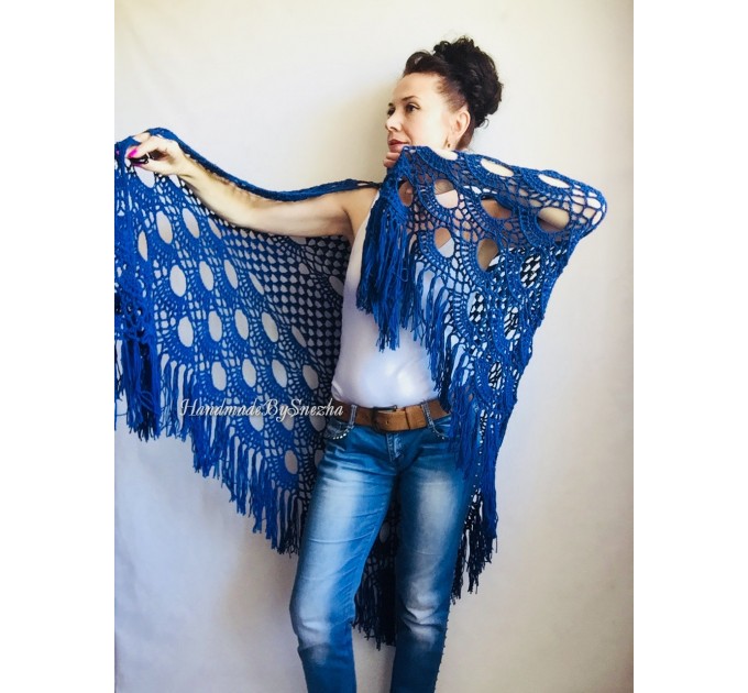  Bridesmaid shawl wedding shawl fringe, White crochet bridal cover up Hand knit crochet Bridal wrap Outlander lace shawl pin brooch Navy Blue  Shawl / Wraps  8