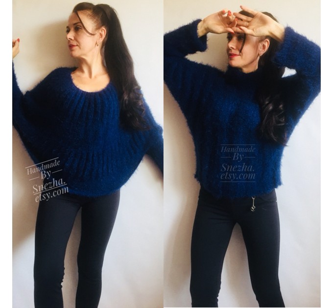  Mohair Sweater Woman Hand Knit Poncho Sweater faux fur Plus Size Black Red Oversized Chunky Cable Knit Fuzzy Sweater Navy Blue  Sweater  8