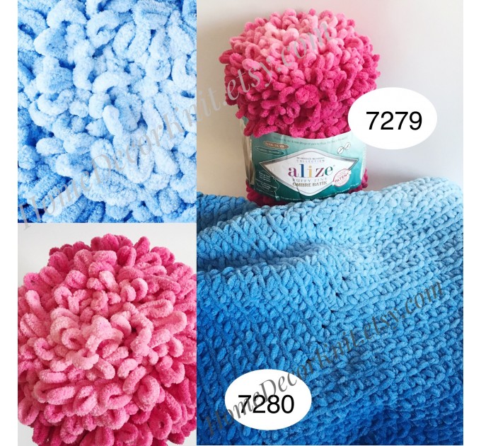  Alize PUFFY FINE OMBRE Batik Yarn, Crochet Yarn Gradient Baby Rainbow Blanket Yarn Mix Color Velvet Super Chunky Yarn No hook No needle  Yarn  3