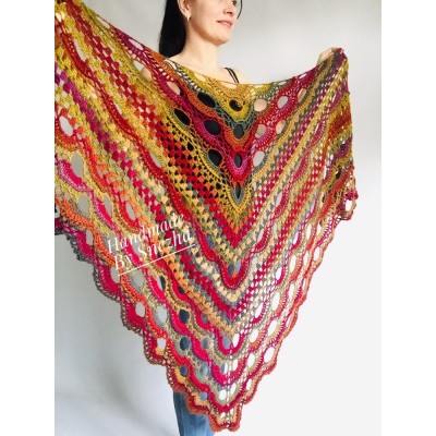 Crochet Shawl Fringe Wraps OOAK Boho Lace Triangle Warm Rainbow Shawl Mom Scarf Women Floral Hand Knit pin brooch, Large Big Outlander Green