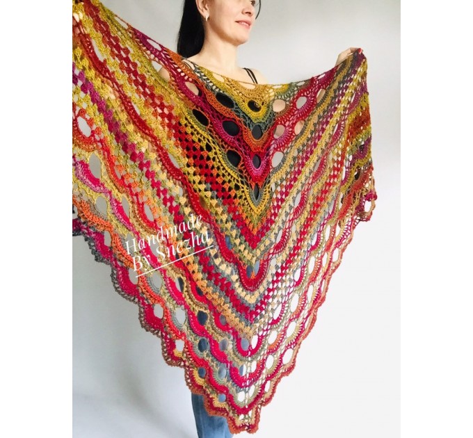  Crochet Shawl Fringe Wraps OOAK Boho Lace Triangle Warm Rainbow Shawl Mom Scarf Women Floral Hand Knit pin brooch, Large Big Outlander Green  Shawl / Wraps  1