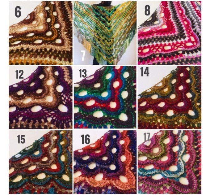 Crochet Shawl Fringe Wraps OOAK Boho Lace Triangle Warm Rainbow Shawl Mom Scarf Women Floral Hand Knit pin brooch, Large Big Outlander Green