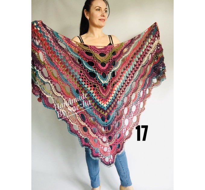  Crochet Shawl Fringe Wraps OOAK Boho Lace Triangle Warm Rainbow Shawl Mom Scarf Women Floral Hand Knit pin brooch, Large Big Outlander Green  Shawl / Wraps  4