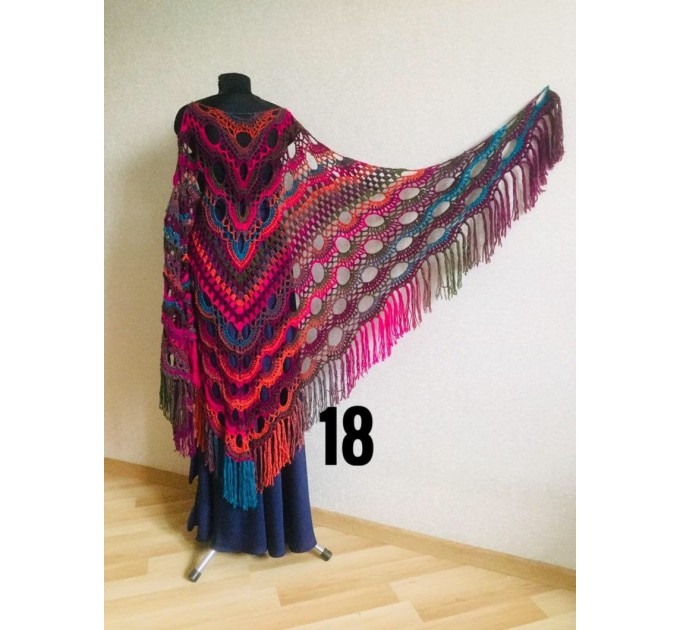  Crochet Shawl Fringe Wraps OOAK Boho Lace Triangle Warm Rainbow Shawl Mom Scarf Women Floral Hand Knit pin brooch, Large Big Outlander Green  Shawl / Wraps  5