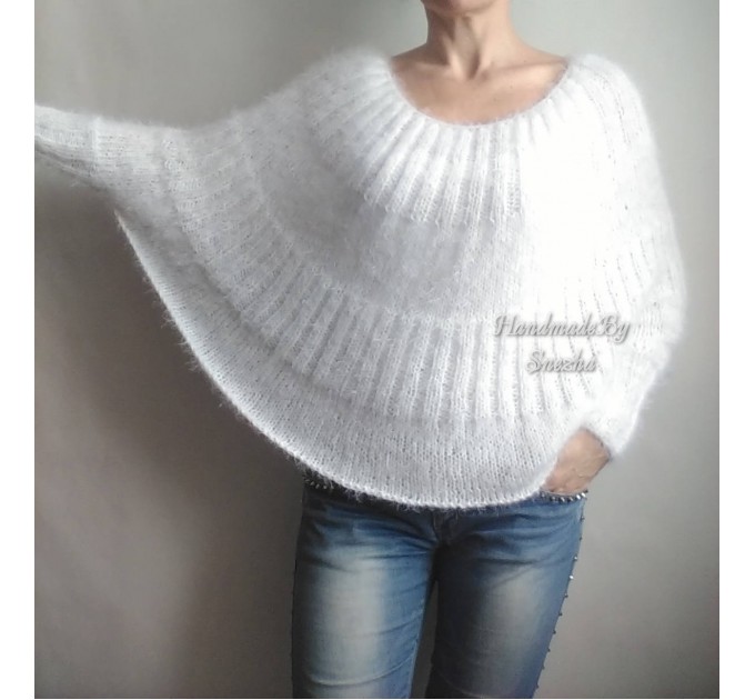  White MOHAIR SWEATER Poncho Woman Crochet Poncho Loose Fuzzy Hand Knit Sweater Fuzzy Pullover Oversize Cable Poncho Sweater White Red-Black  Sweater  