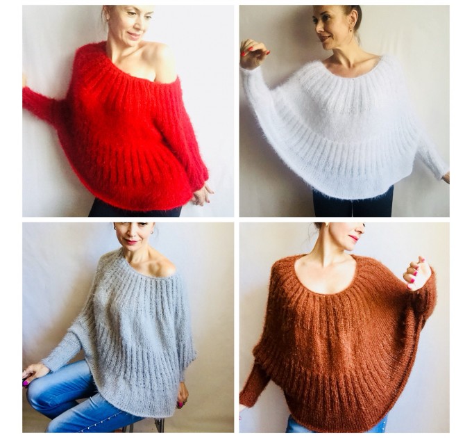  White MOHAIR SWEATER Poncho Woman Crochet Poncho Loose Fuzzy Hand Knit Sweater Fuzzy Pullover Oversize Cable Poncho Sweater White Red-Black  Sweater  2
