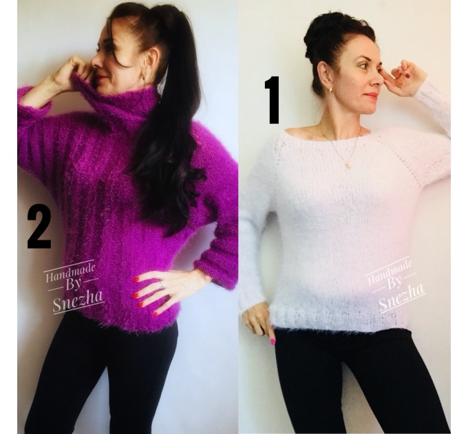  White MOHAIR SWEATER Poncho Woman Crochet Poncho Loose Fuzzy Hand Knit Sweater Fuzzy Pullover Oversize Cable Poncho Sweater White Red-Black  Sweater  4