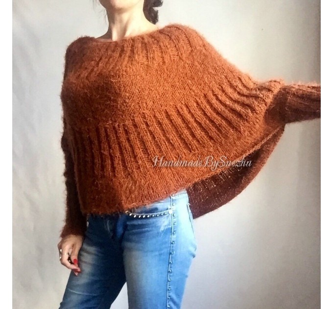  White MOHAIR SWEATER Poncho Woman Crochet Poncho Loose Fuzzy Hand Knit Sweater Fuzzy Pullover Oversize Cable Poncho Sweater White Red-Black  Sweater  6