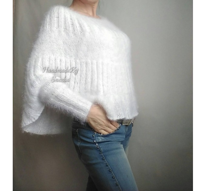  White MOHAIR SWEATER Poncho Woman Crochet Poncho Loose Fuzzy Hand Knit Sweater Fuzzy Pullover Oversize Cable Poncho Sweater White Red-Black  Sweater  7