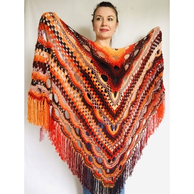Outlander Crochet Shawl Wraps Fringe Burnt Orange Gift pin brooch Triangle Boho Rainbow Shawl Big Multicolor Lace Hand Knitted Evening Shawl