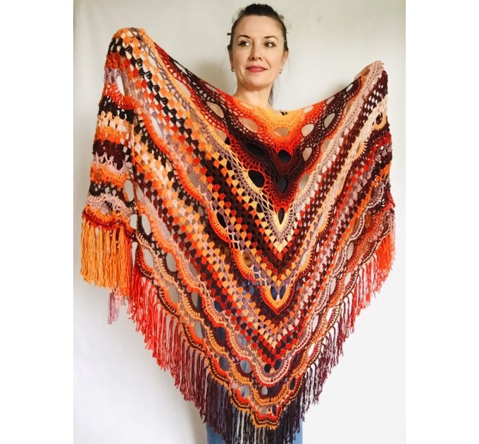  Outlander Crochet Shawl Wraps Fringe Burnt Orange Gift pin brooch Triangle Boho Rainbow Shawl Big Multicolor Lace Hand Knitted Evening Shawl  Shawl / Wraps  