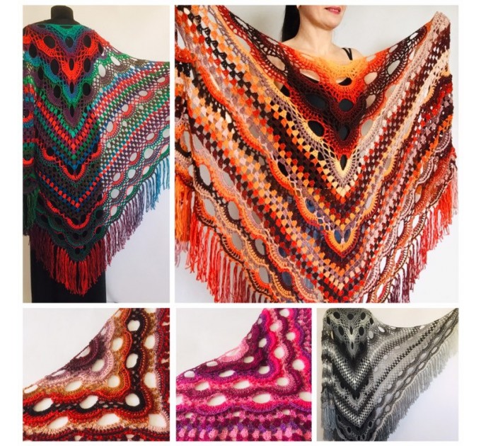  Outlander Crochet Shawl Wraps Fringe Burnt Orange Gift pin brooch Triangle Boho Rainbow Shawl Big Multicolor Lace Hand Knitted Evening Shawl  Shawl / Wraps  3