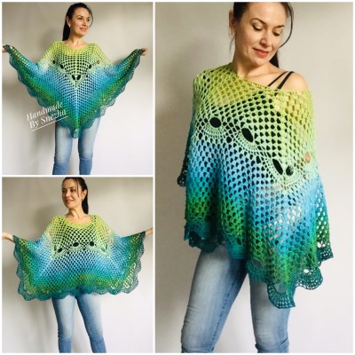 Crochet Poncho for Women Boho Shawl Big Size Vintage Rainbow Cotton Knit Cape Hippie Gift for Her Bohemian Vibrant Colors Boat Neck
