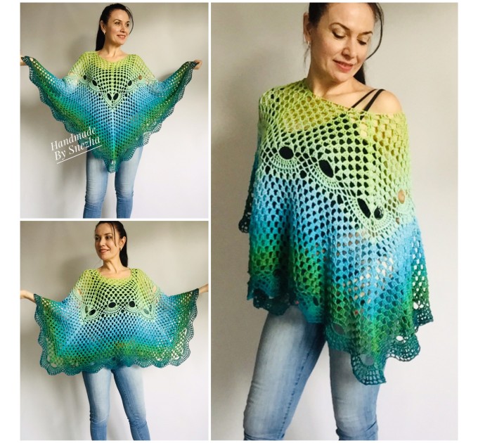  Crochet Poncho for Women Boho Shawl Big Size Vintage Rainbow Cotton Knit Cape Hippie Gift for Her Bohemian Vibrant Colors Boat Neck  Poncho  