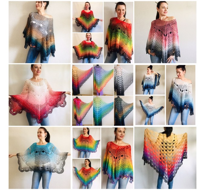 Crochet Poncho for Women Boho Shawl Big Size Vintage Rainbow Cotton Knit Cape Hippie Gift for Her Bohemian Vibrant Colors Boat Neck