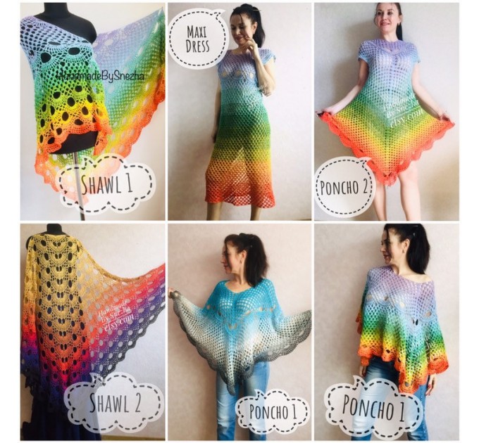 Crochet Poncho for Women Boho Shawl Big Size Vintage Rainbow Cotton Knit Cape Hippie Gift for Her Bohemian Vibrant Colors Boat Neck