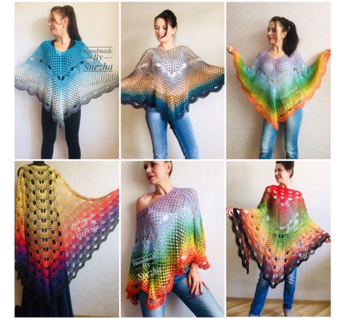 Crochet Poncho for Women Boho Shawl Big Size Vintage Rainbow Cotton Knit Cape Hippie Gift for Her Bohemian Vibrant Colors Boat Neck