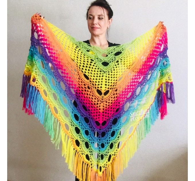 Crochet Shawl Wraps Fringe Mohair Gift brooch Triangular Rainbow Scarf Festival Colorful Knit Wool Multicolor Shawl Lace Warm Boho Evening