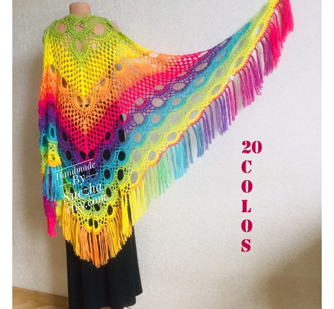 Crochet Shawl Wraps Fringe Mohair Gift brooch Triangular Rainbow Scarf Festival Colorful Knit Wool Multicolor Shawl Lace Warm Boho Evening