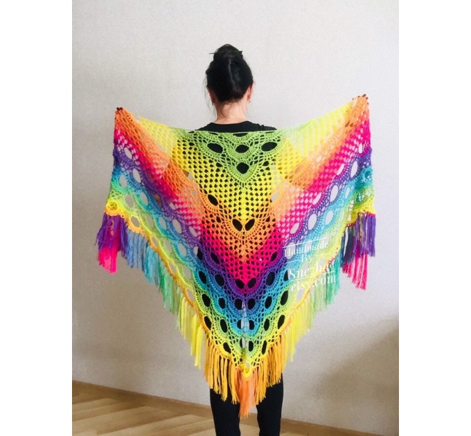 Crochet Shawl Wraps Fringe Mohair Gift brooch Triangular Rainbow Scarf Festival Colorful Knit Wool Multicolor Shawl Lace Warm Boho Evening