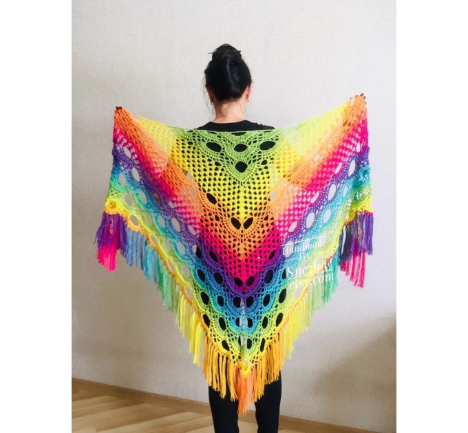  Crochet Shawl Wraps Fringe Mohair Gift brooch Triangular Rainbow Scarf Festival Colorful Knit Wool Multicolor Shawl Lace Warm Boho Evening  Shawl / Wraps  4