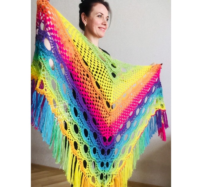 Crochet Shawl Wraps Fringe Mohair Gift brooch Triangular Rainbow Scarf Festival Colorful Knit Wool Multicolor Shawl Lace Warm Boho Evening