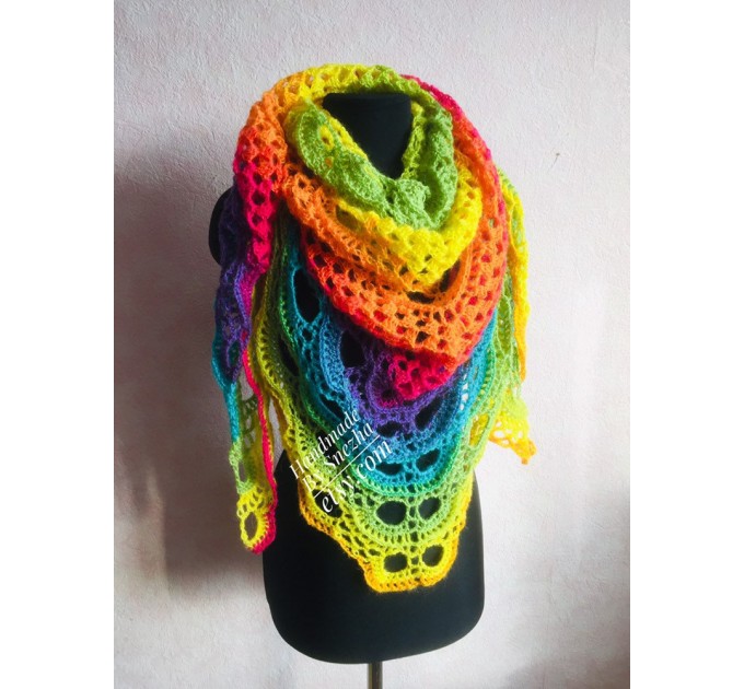 Crochet Shawl Wraps Fringe Mohair Gift brooch Triangular Rainbow Scarf Festival Colorful Knit Wool Multicolor Shawl Lace Warm Boho Evening