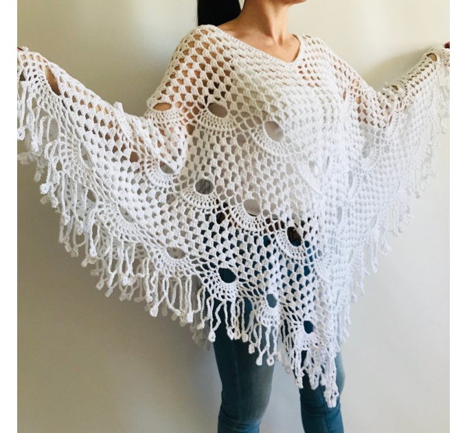  Poncho women, Prayer shawl men meditation Evening cover up Unisex Vegan festival clothing Plus size Crochet summer cape Fringe White Black  Poncho  1