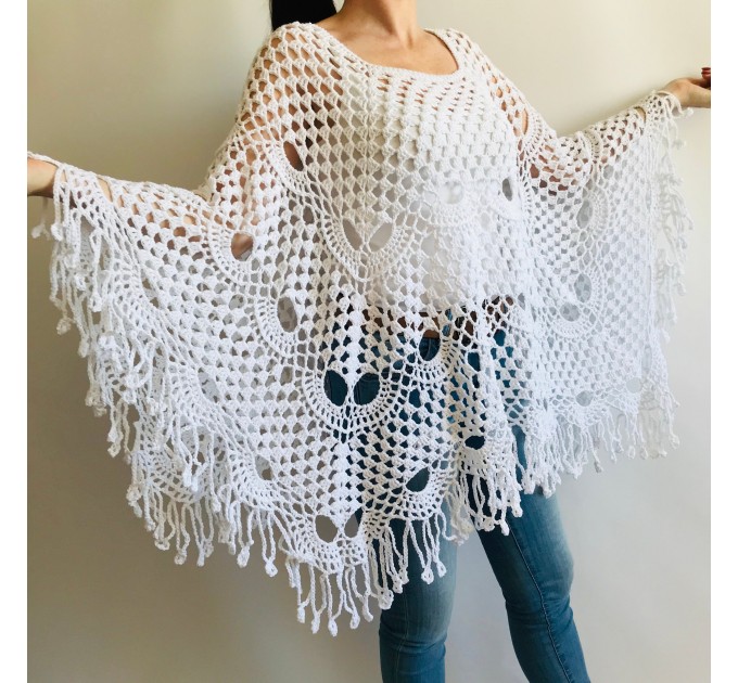  Poncho women, Prayer shawl men meditation Evening cover up Unisex Vegan festival clothing Plus size Crochet summer cape Fringe White Black  Poncho  3