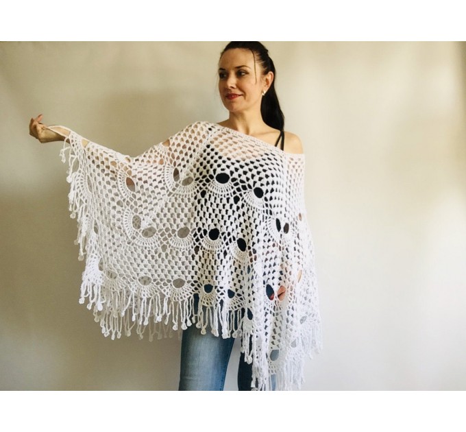  Poncho women, Prayer shawl men meditation Evening cover up Unisex Vegan festival clothing Plus size Crochet summer cape Fringe White Black  Poncho  6