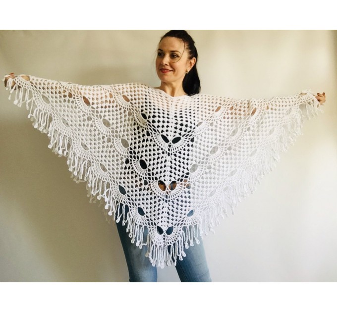  Poncho women, Prayer shawl men meditation Evening cover up Unisex Vegan festival clothing Plus size Crochet summer cape Fringe White Black  Poncho  7