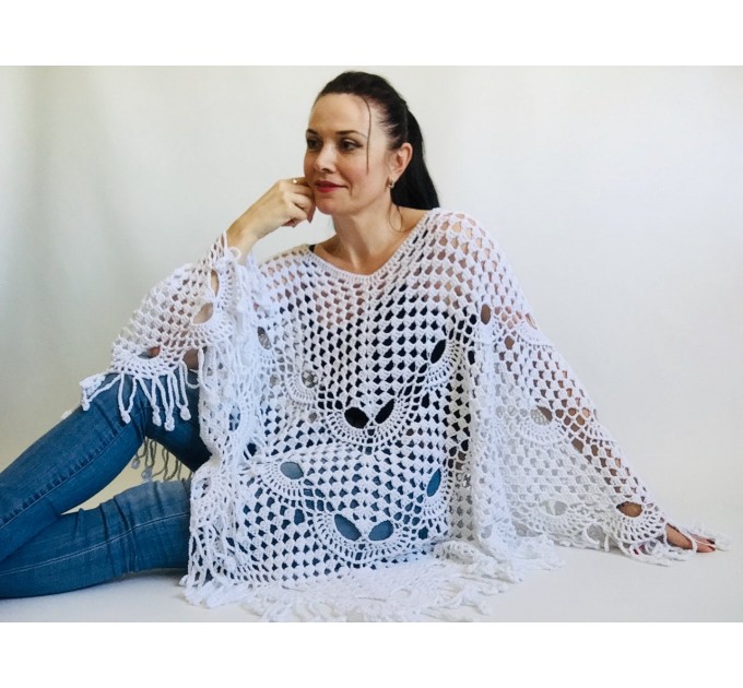  Poncho women, Prayer shawl men meditation Evening cover up Unisex Vegan festival clothing Plus size Crochet summer cape Fringe White Black  Poncho  8