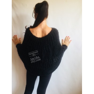 Black Mohair Sweater Women Poncho Plus Size pullover Oversized Fuzzy white poncho navy blue crochet wool hand knitted Sweater Chunky Red