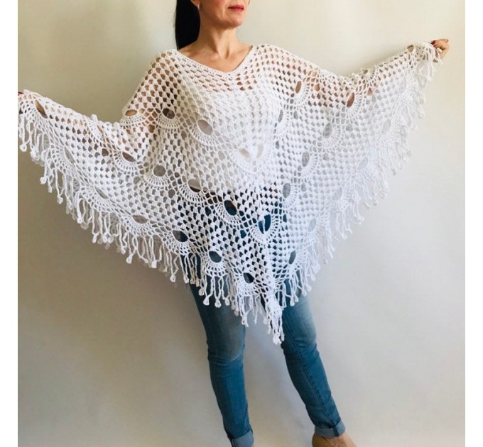  Prayer shawl Poncho women, men meditation Evening cover up Unisex Vegan festival clothing Plus size Crochet summer cape Fringe White Black  Poncho  1