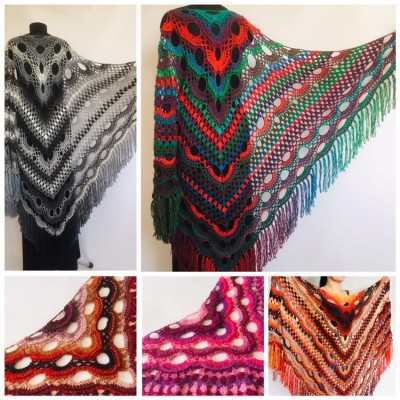 Crochet Shawl Wrap Multicolor Triangle Scarf Boho Colorful Rainbow Shawl Fringe Big Lace Hand Knitted Shawl Evening Shawl Red Blue Green