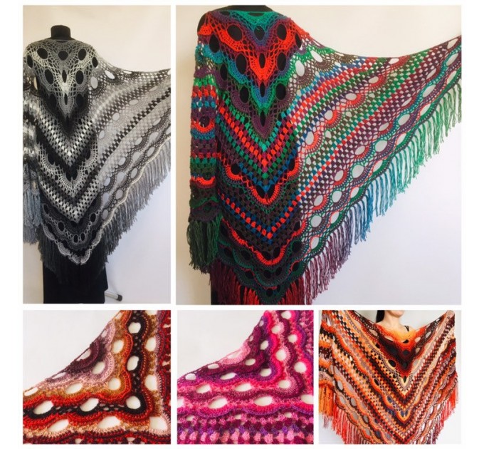  Crochet Shawl Wrap Multicolor Triangle Scarf Boho Colorful Rainbow Shawl Fringe Big Lace Hand Knitted Shawl Evening Shawl Red Blue Green  Shawl / Wraps  