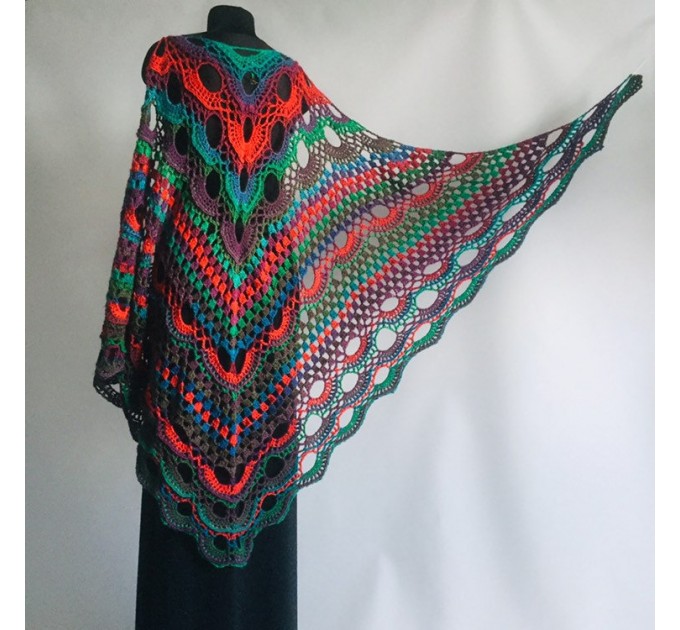  Crochet Shawl Wrap Multicolor Triangle Scarf Boho Colorful Rainbow Shawl Fringe Big Lace Hand Knitted Shawl Evening Shawl Red Blue Green  Shawl / Wraps  10